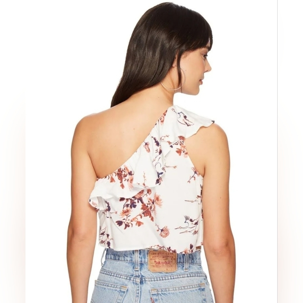 Roxy Lynnette Ruffled Floral White Crop Top Tapioca Serene Crane Print sz Small - Picture 2 of 9
